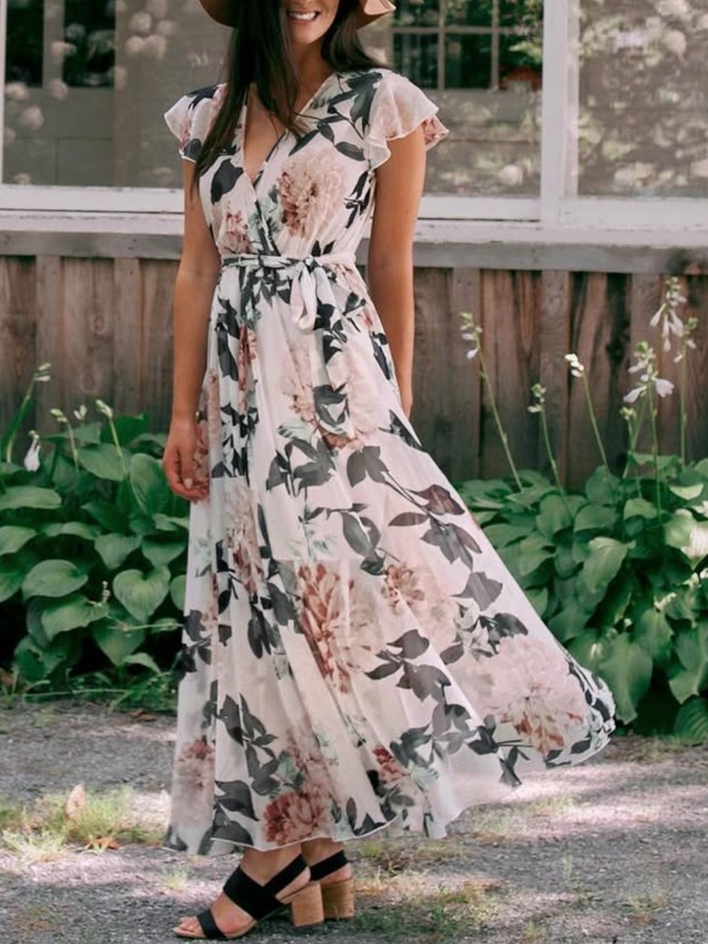 Floral V-Neck Maxi Dress in White and Blush
